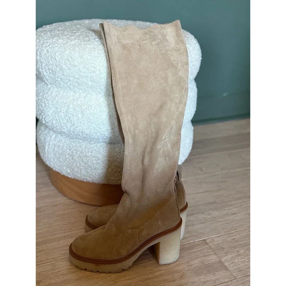 FREE PEOPLE TAN BEIGE JASPER PLATFORM KNEE HIGH BOOTS SIZE 37.5 / 7.5 - Picture 2 of 5